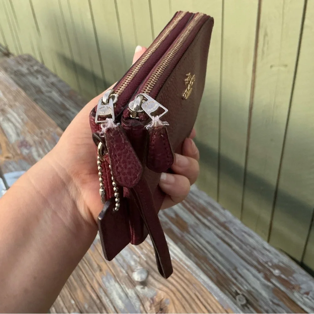 Coach Pebble Maroon Leather Zip Top Cherry Red Wristlet